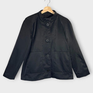 🦜 EILEEN FISHER Jacket Women's MEDIUM Black Fleece Lined. FLAWS - SEE PICS